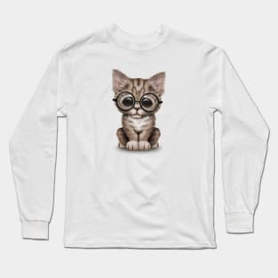 Cute Brown Tabby Kitten Wearing Eye Glasses Long Sleeve T-Shirt